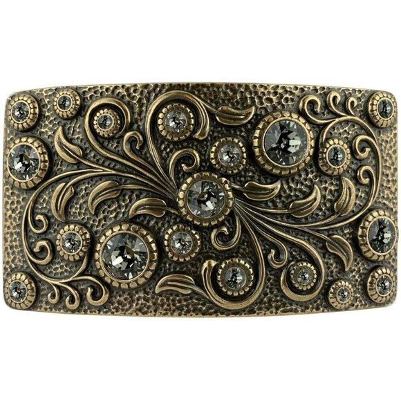 Womens Brass Black Rhinestone Crystal Antique Brass Rectangle Floral Belt Buckle